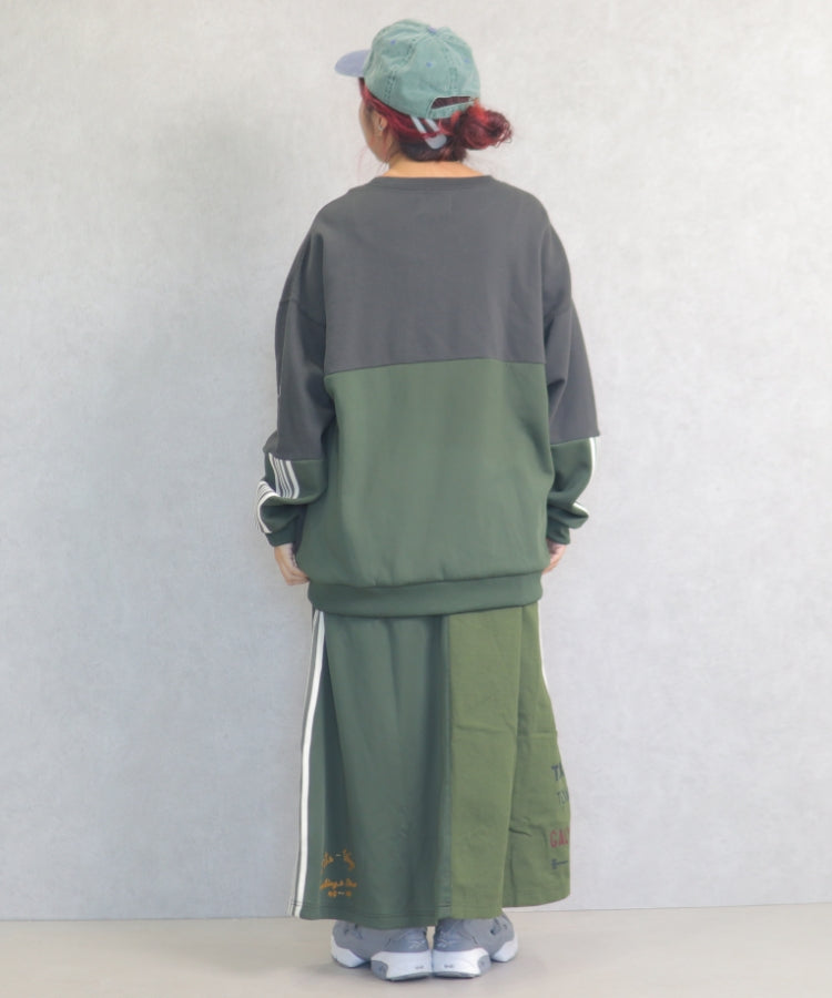 ミニ裏毛 異素材切替ロングスカート/24082311